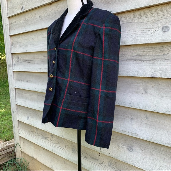 Vintage 80s Green Plaid Collared Velour V-Neck Button Down Long Sleeve Blazer - Picture 3 of 16